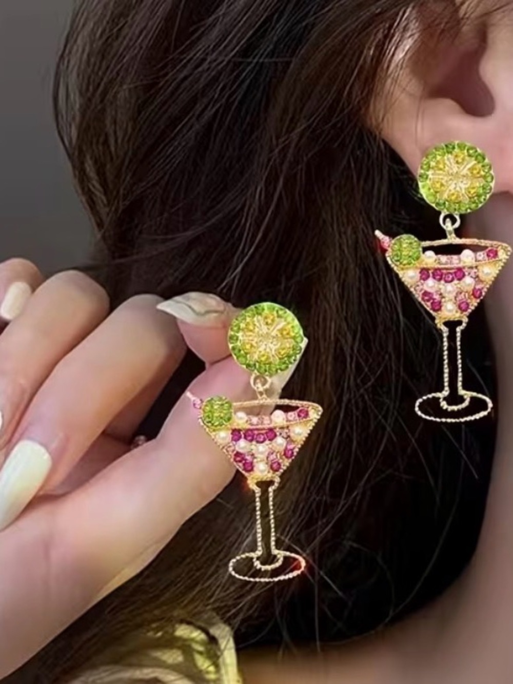 Martini Drop Purple Pink & White w/ Green Lime Vacation Party Fashion Earrings